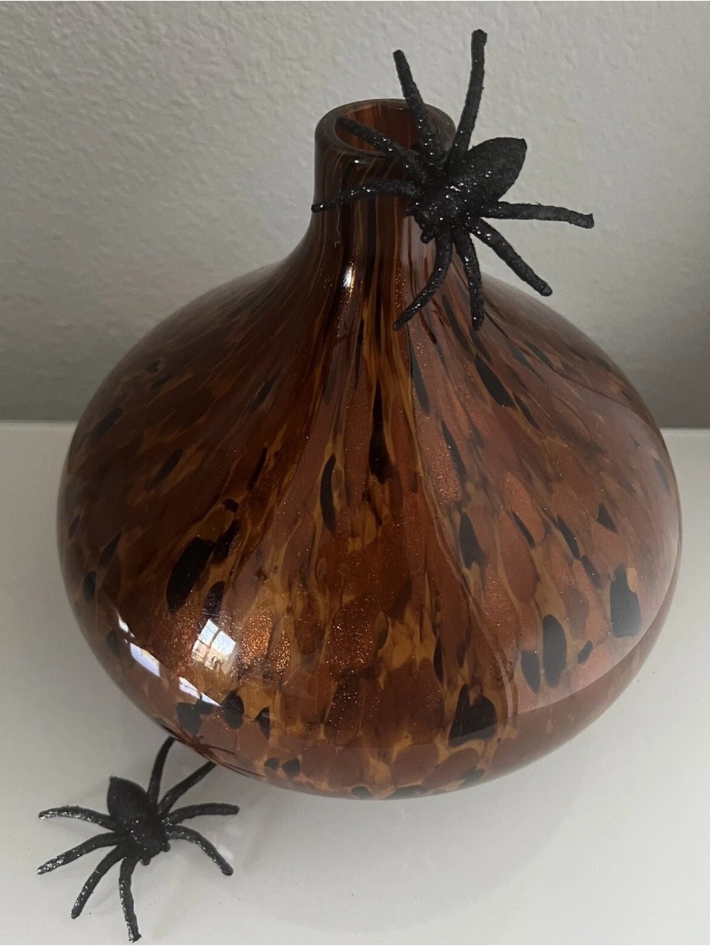 Orange, Black, Copper Blown Glass Art Vase 8” High x 9” Diameter